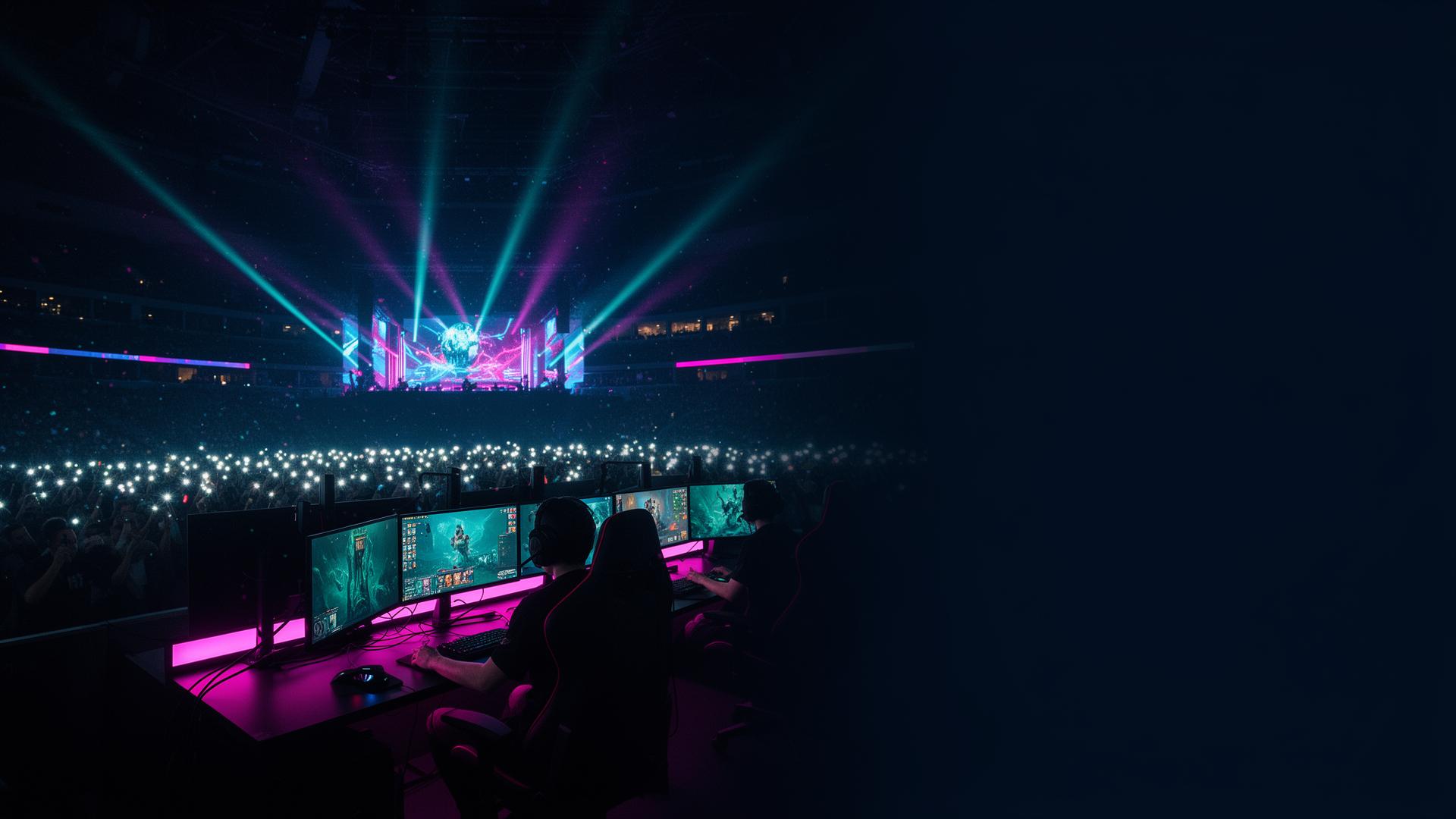 eSport-Arena mit Gaming-Setup, Bühne und Publikum